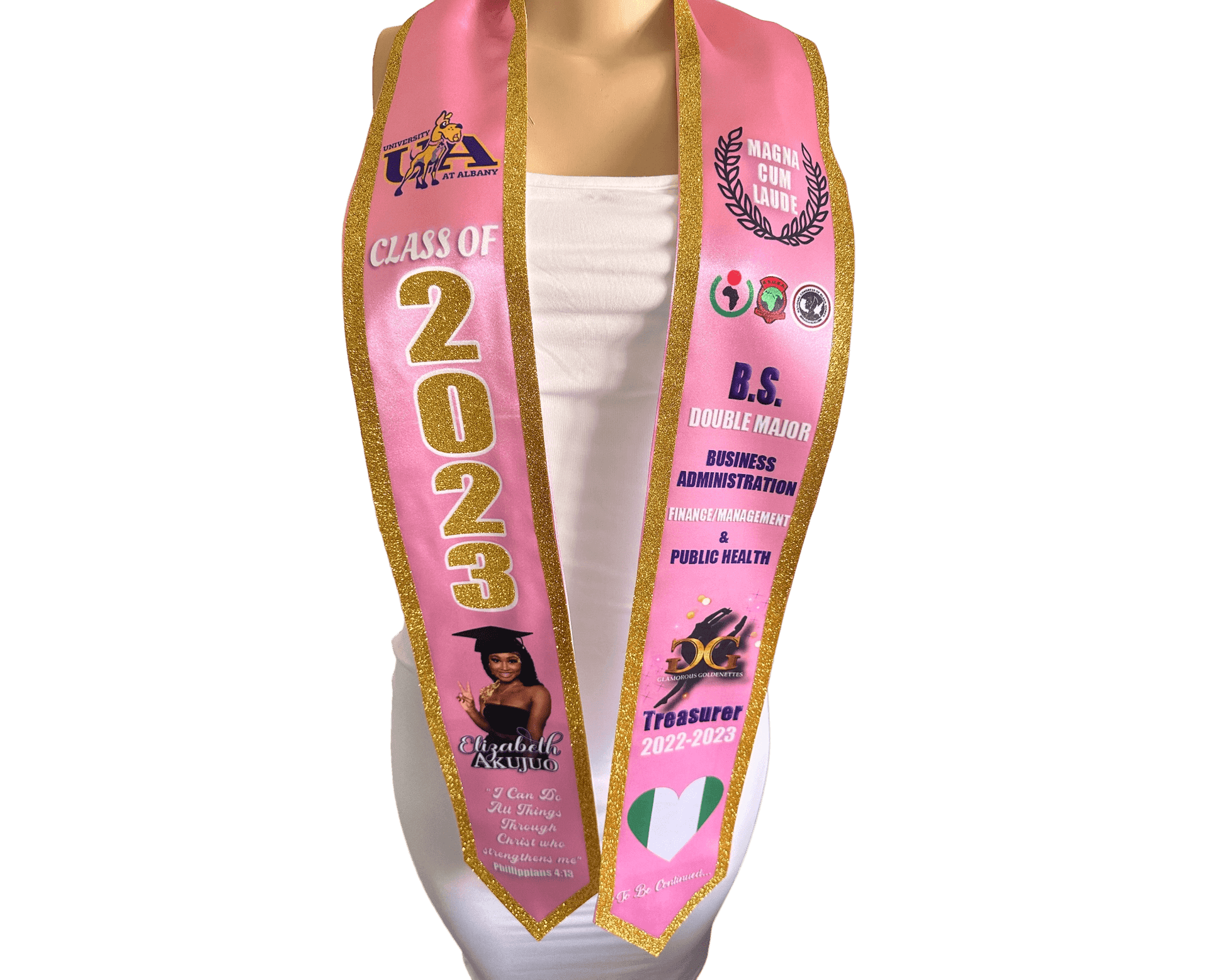 Custom Graduation Satin Stole with Glitter Trim - Cat's Kollection